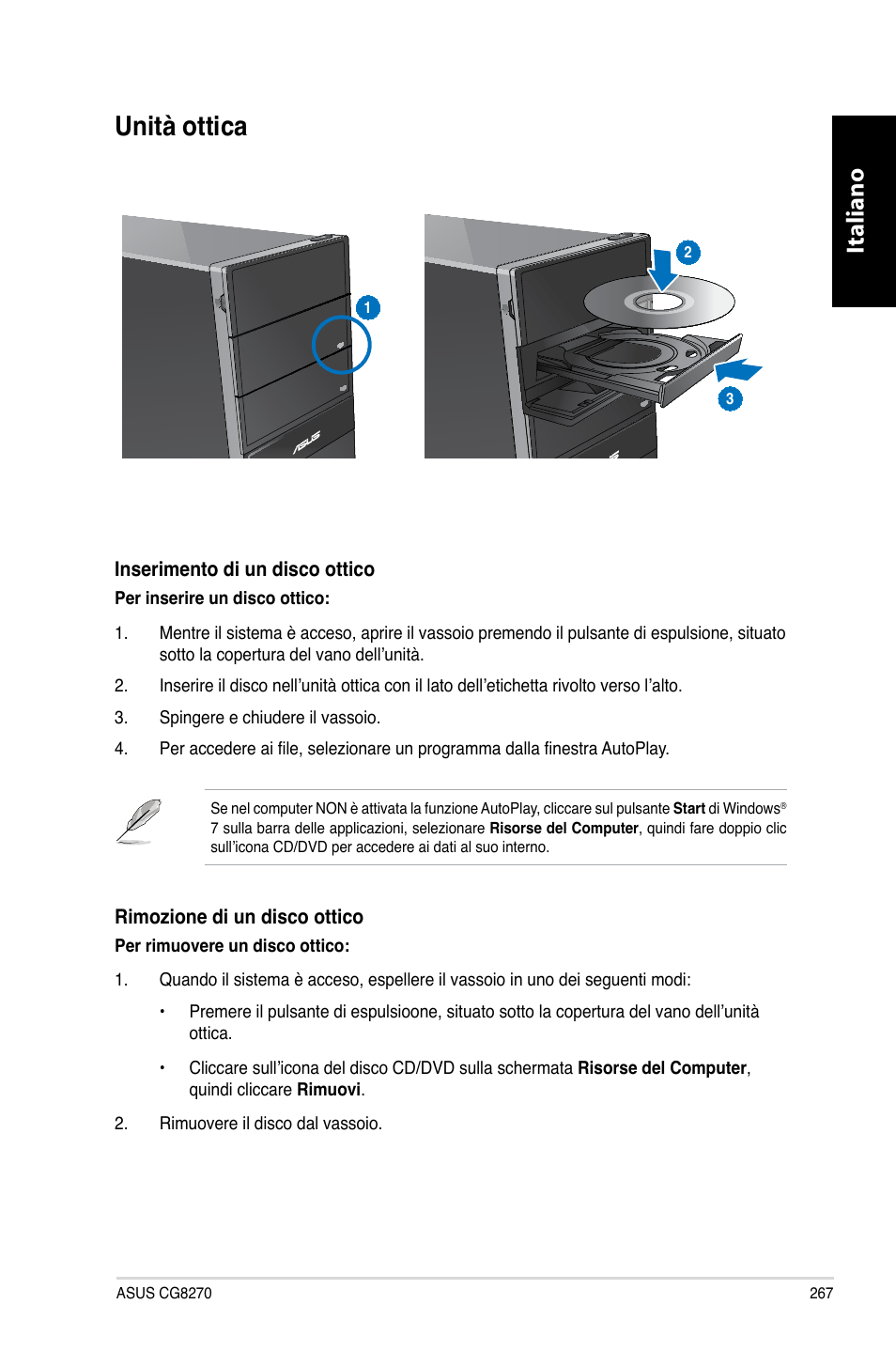 Unità ottica, Unità.ottica, Italiano | Asus CG8270 User Manual | Page 269 / 536