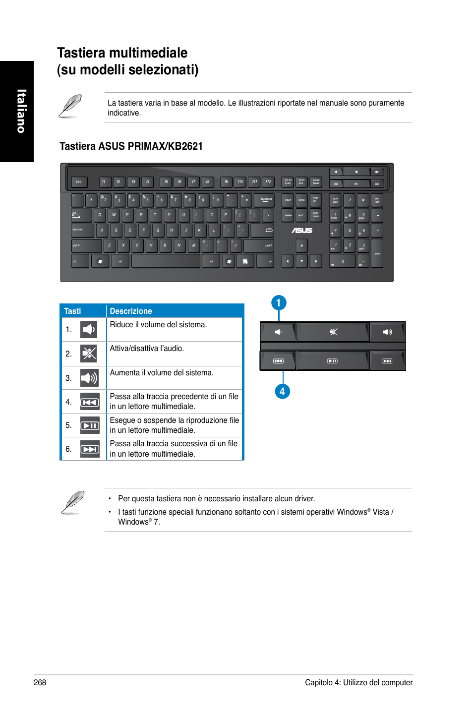 Tastiera multimediale (su modelli selezionati), Tastiera.multimediale.. (su.modelli.selezionati), Italiano | Asus CG8270 User Manual | Page 270 / 536