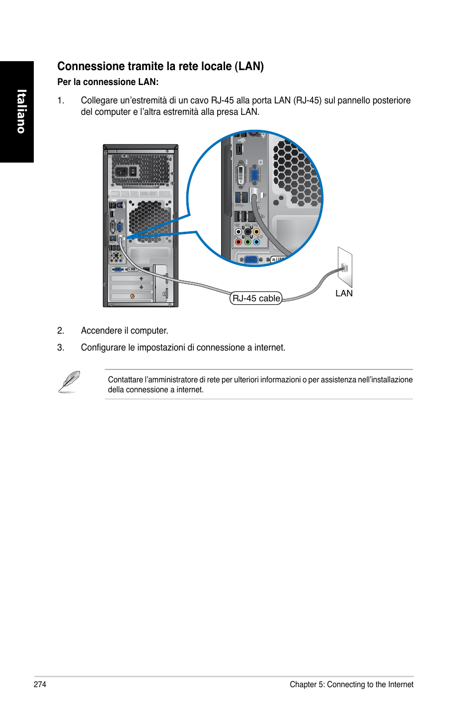 Italiano, Connessione.tramite.la.rete.locale.(lan) | Asus CG8270 User Manual | Page 276 / 536