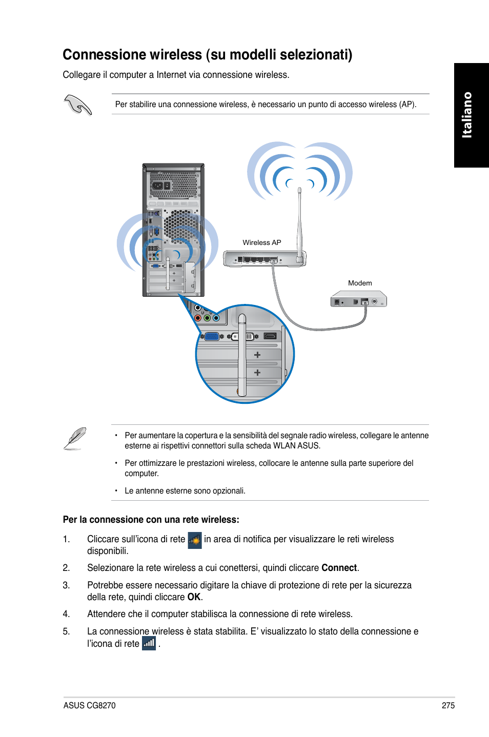 Connessione wireless (su modelli selezionati), Connessione.wireless.(su.modelli.selezionati), Italiano | Asus CG8270 User Manual | Page 277 / 536