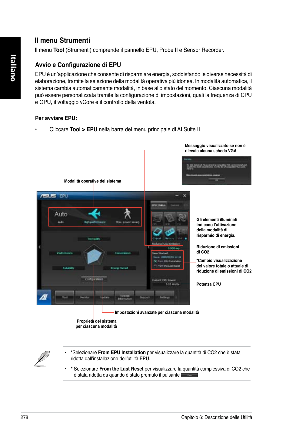 Italiano, Il.menu.strumenti, Avvio e configurazione di epu | Asus CG8270 User Manual | Page 280 / 536