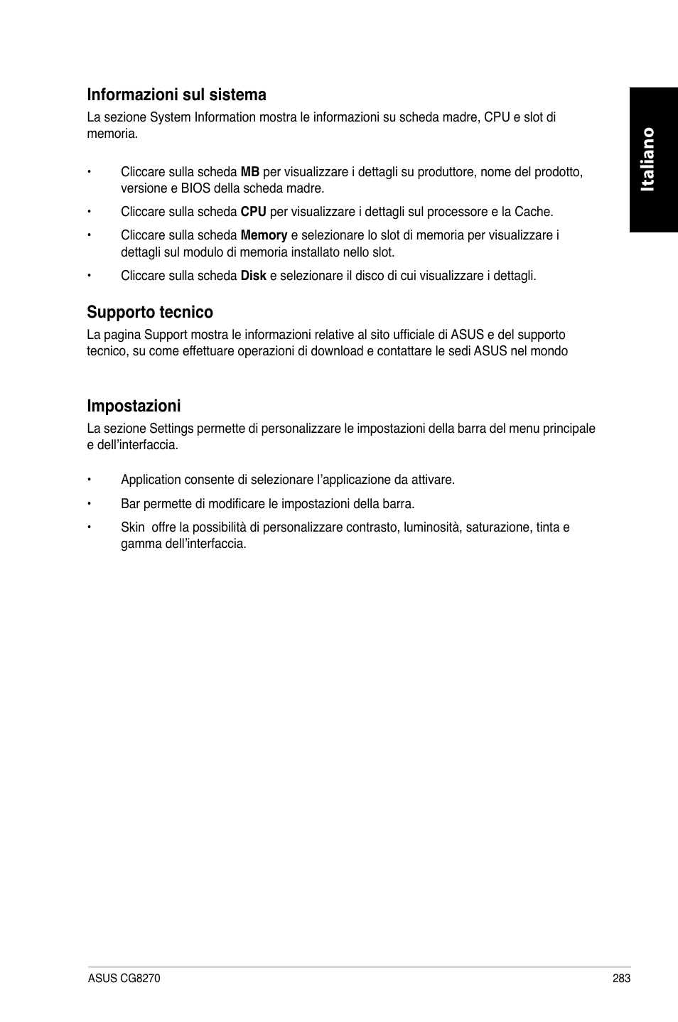 Italiano, Informazioni.sul.sistema, Impostazioni | Supporto.tecnico | Asus CG8270 User Manual | Page 285 / 536