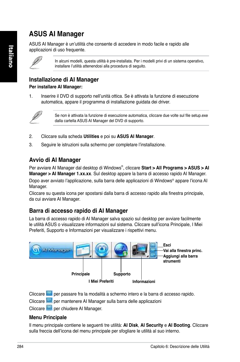 Asus ai manager, Asus.ai.manager, Italiano | Installazione.di.ai.manager, Avvio.di.ai.manager, Barra.di.accesso.rapido.di.ai.manager | Asus CG8270 User Manual | Page 286 / 536