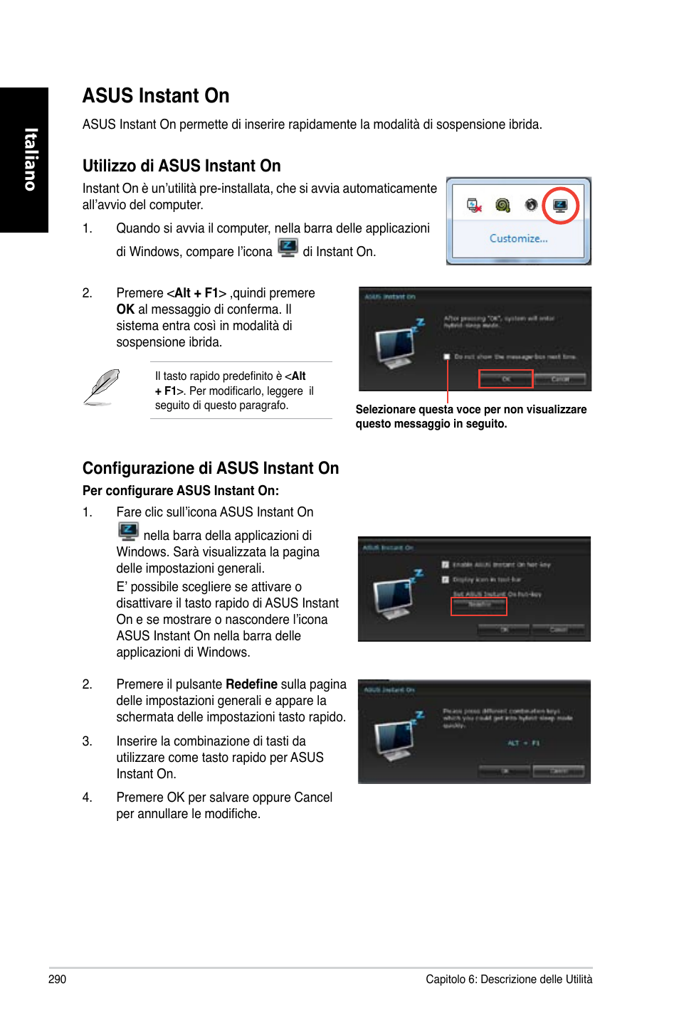 Asus instant on, Asus.instant.on, Italiano | Utilizzo.di.asus.instant.on, Configurazione di asus instant on | Asus CG8270 User Manual | Page 292 / 536