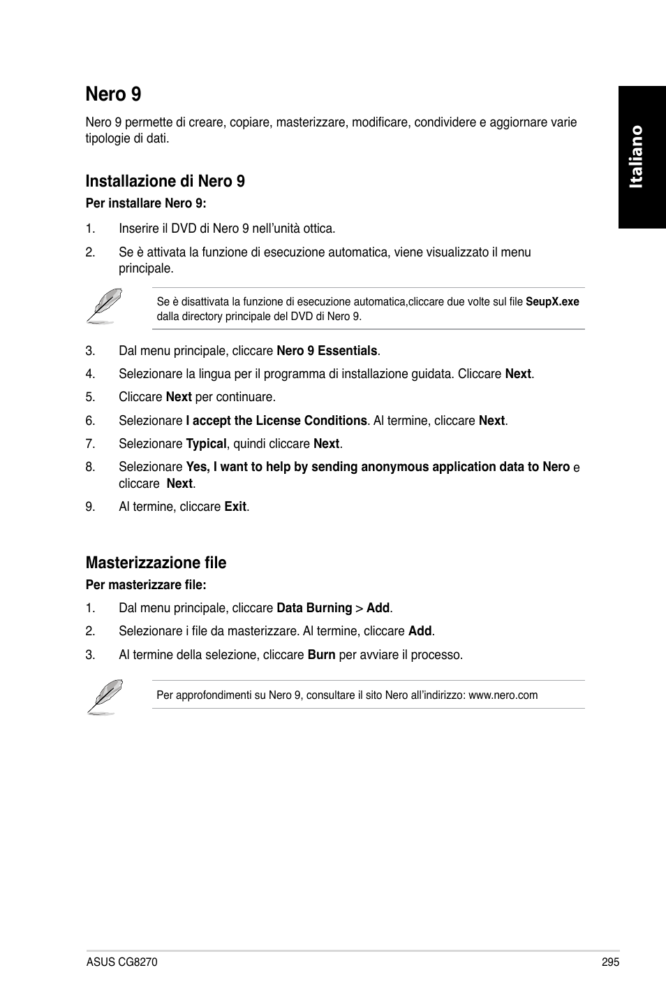 Nero 9, Nero.9, Italiano | Installazione.di.nero.9, Masterizzazione file | Asus CG8270 User Manual | Page 297 / 536