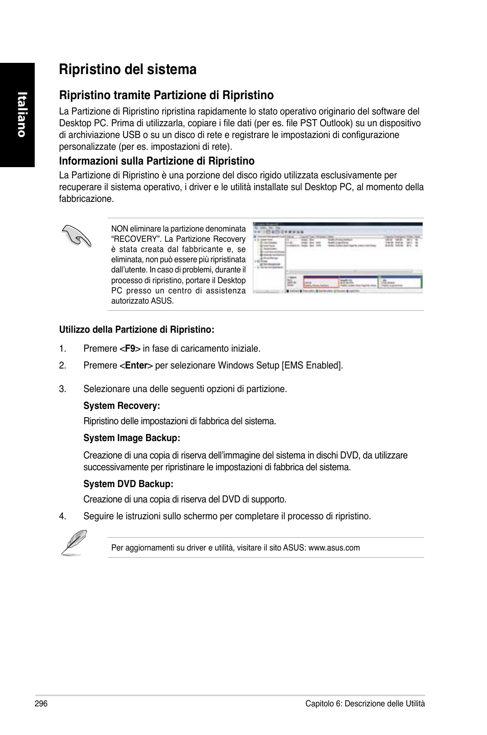 Ripristino del sistema, Ripristino.del.sistema, Italiano | Ripristino.tramite.partizione.di.ripristino | Asus CG8270 User Manual | Page 298 / 536