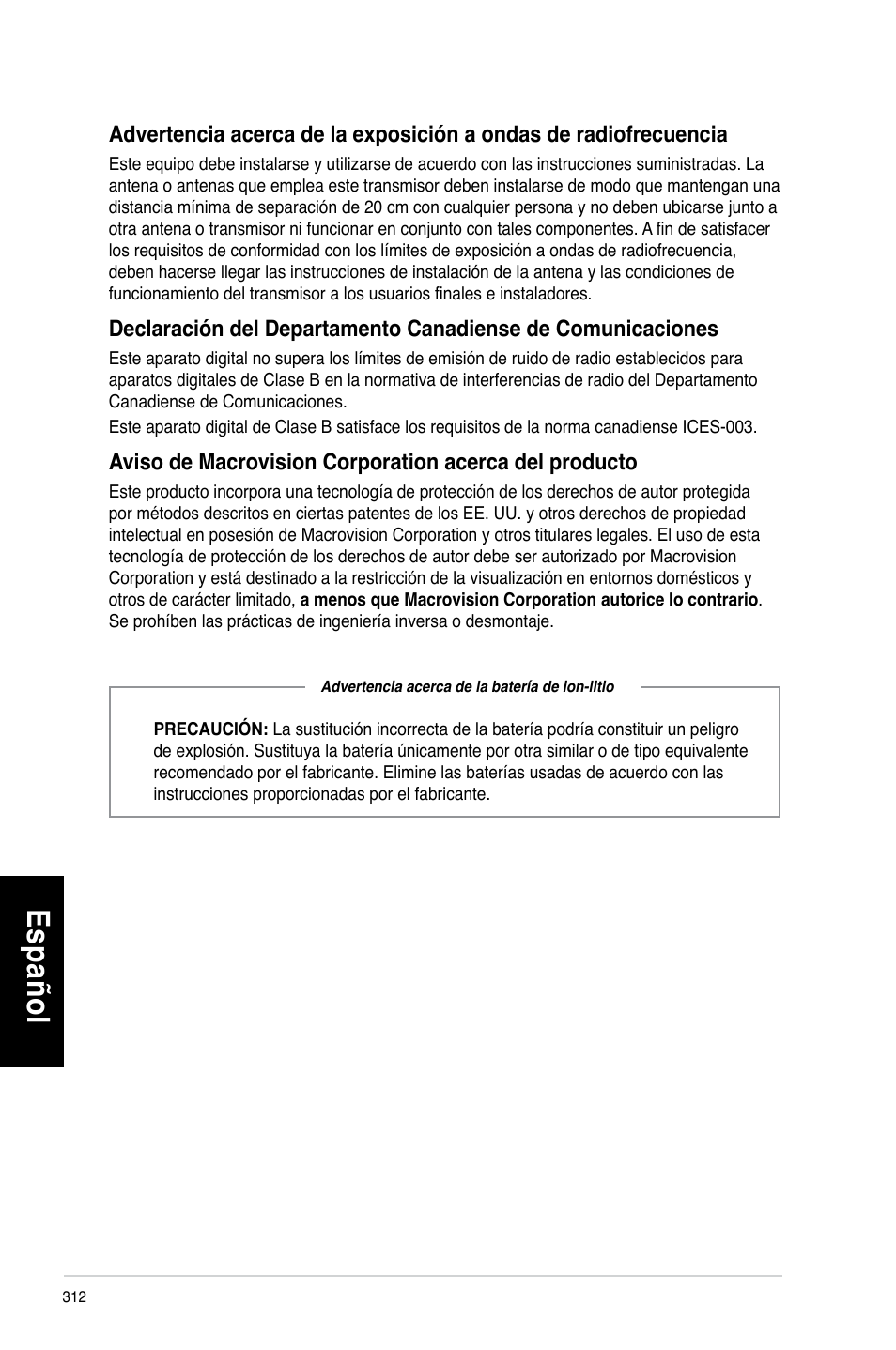 Es pa ño l es pa ño l es pa ño l es pa ño l | Asus CG8270 User Manual | Page 314 / 536