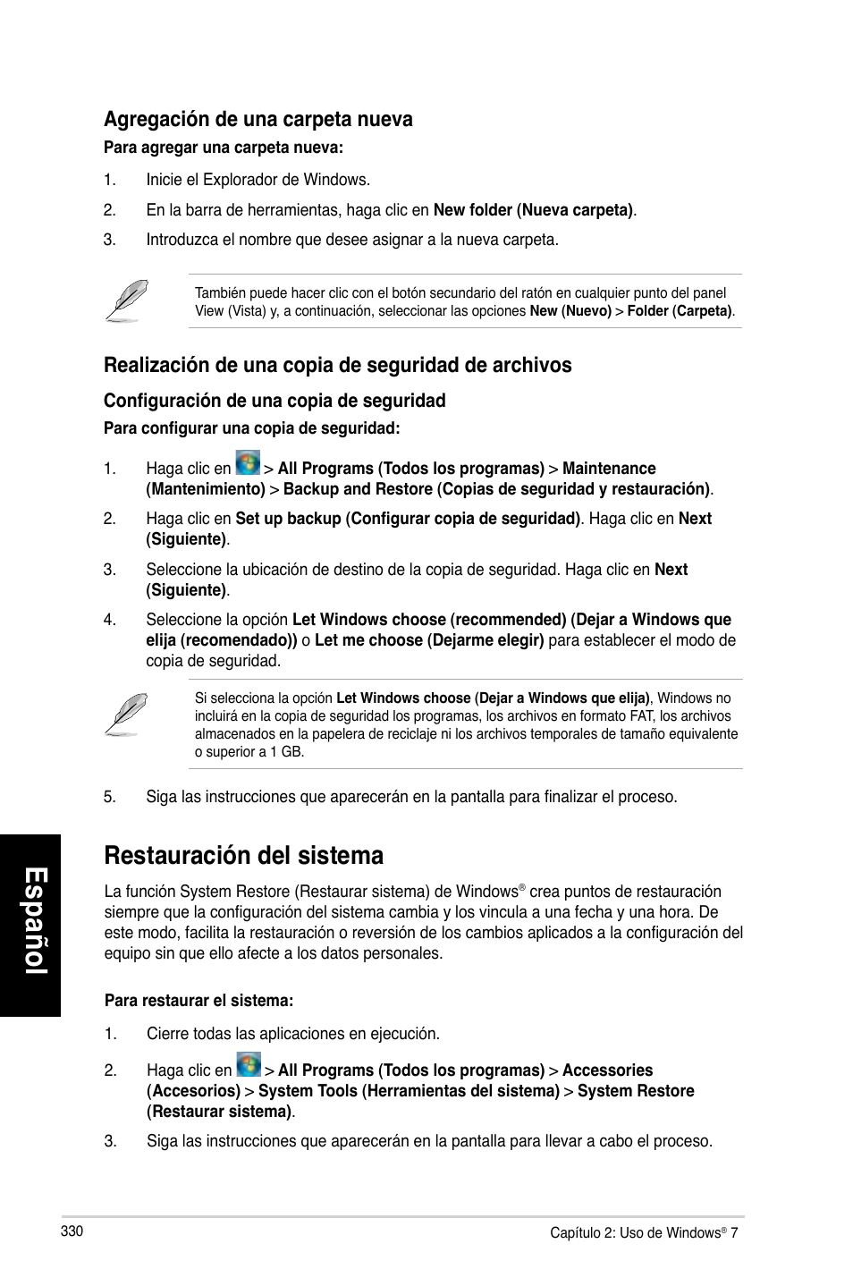 Restauración del sistema, Es pa ño l es pa ño l es pa ño l es pa ño l | Asus CG8270 User Manual | Page 332 / 536