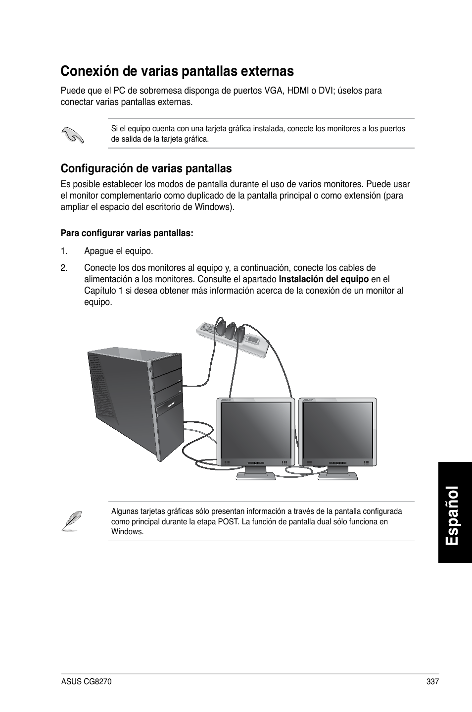 Conexión de varias pantallas externas, Es pa ño l es pa ño l | Asus CG8270 User Manual | Page 339 / 536