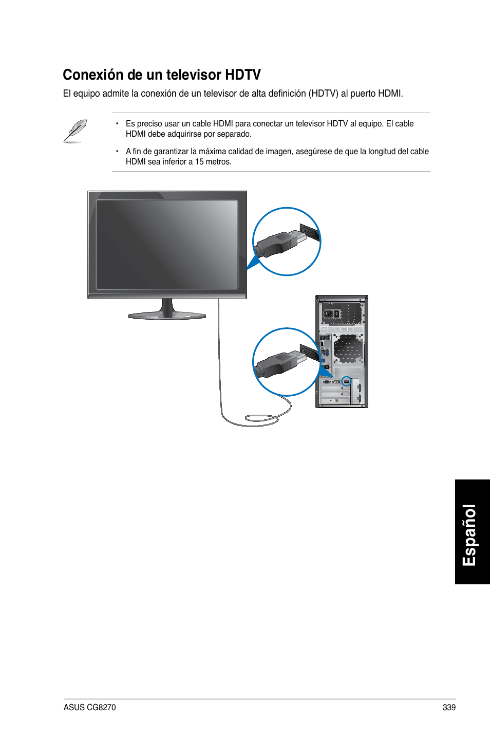 Conexión de un televisor hdtv, Es pa ño l es pa ño l | Asus CG8270 User Manual | Page 341 / 536