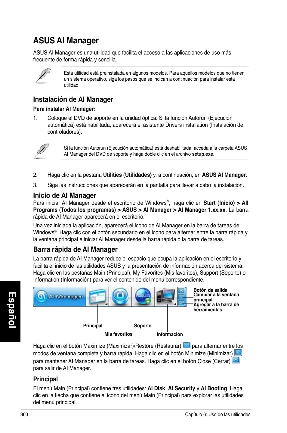 Asus ai manager, Es pa ño l es pa ño l es pa ño l es pa ño l | Asus CG8270 User Manual | Page 362 / 536