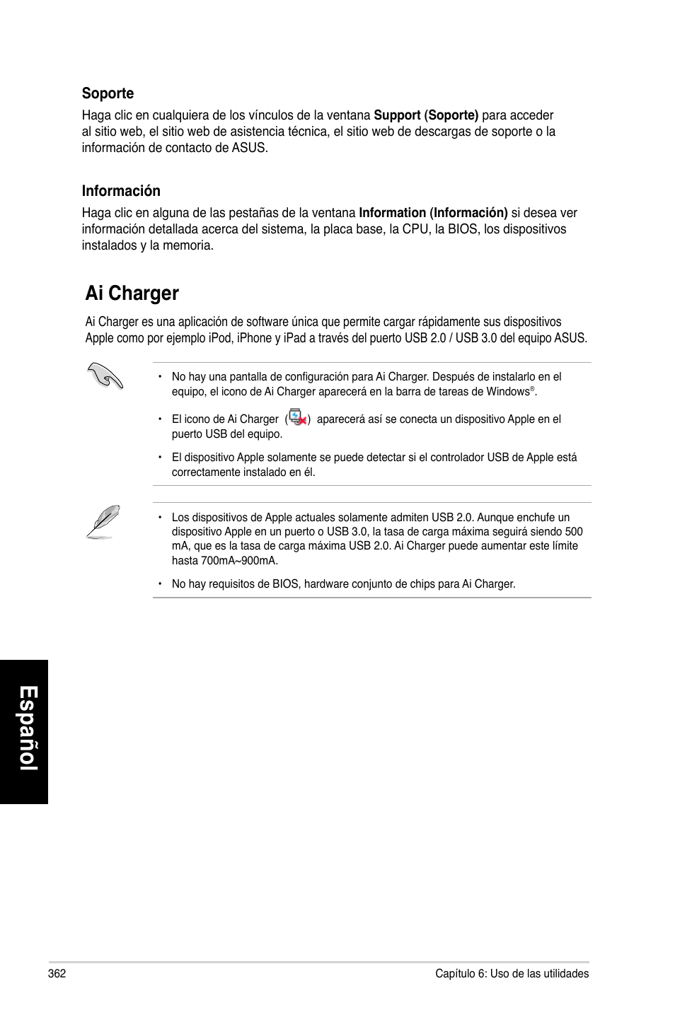 Ai charger, Es pa ño l es pa ño l es pa ño l es pa ño l | Asus CG8270 User Manual | Page 364 / 536