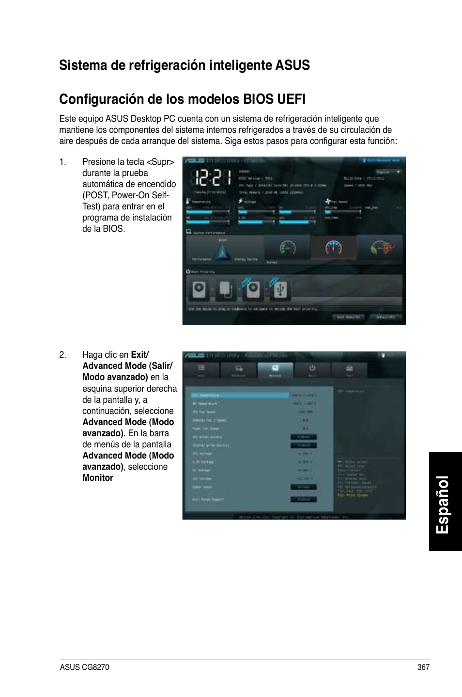 Sistema de refrigeración inteligente asus, Es pa ño l es pa ño l | Asus CG8270 User Manual | Page 369 / 536