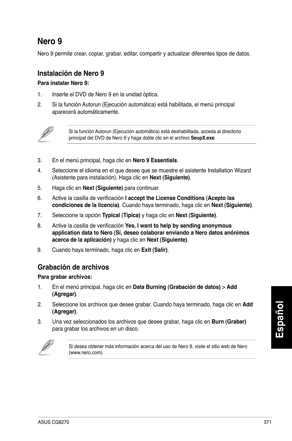 Nero 9, Es pa ño l es pa ño l | Asus CG8270 User Manual | Page 373 / 536