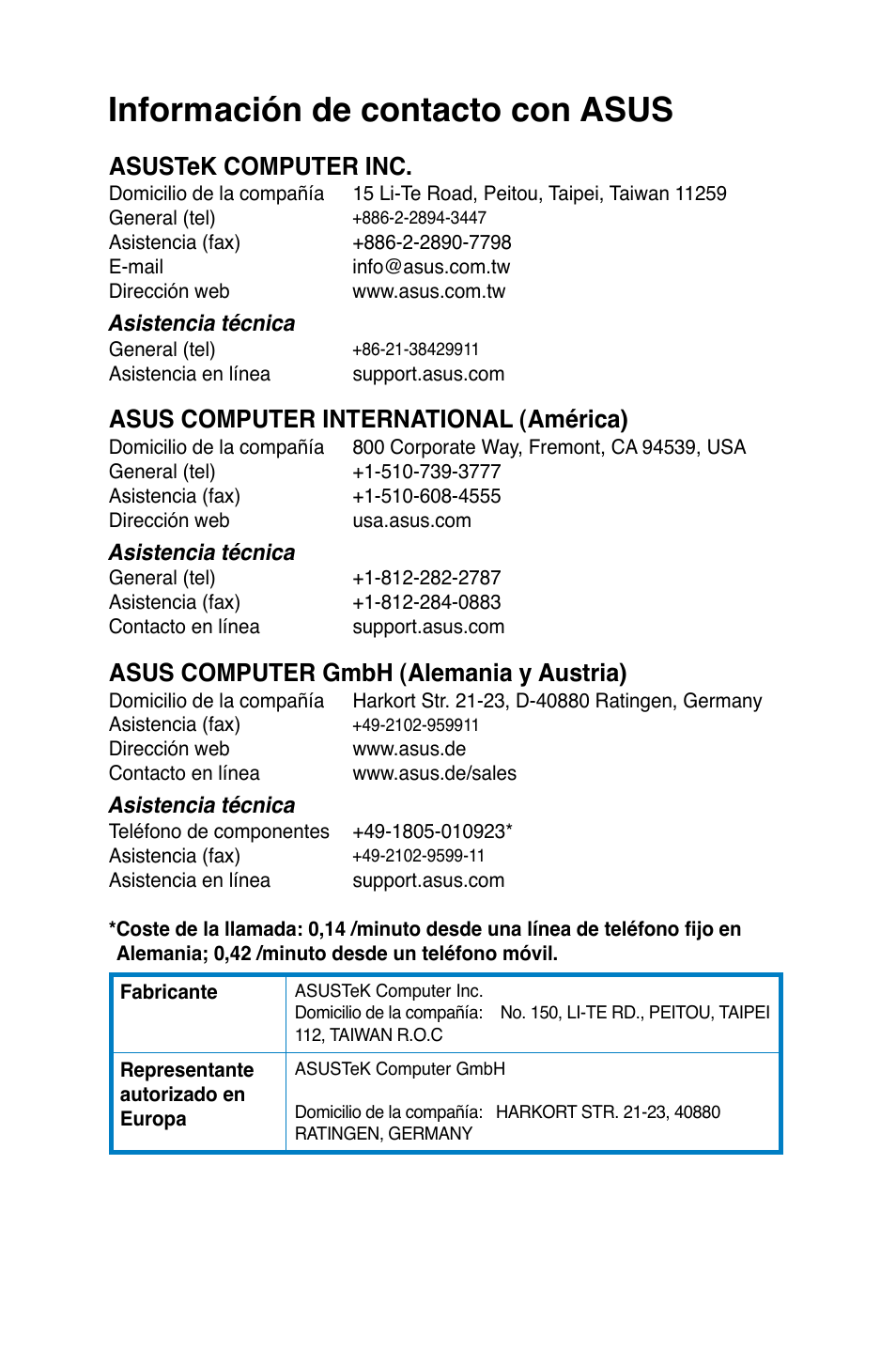 Información de contacto con asus, Asustek computer inc, Asus computer international (américa) | Asus computer gmbh (alemania y austria) | Asus CG8270 User Manual | Page 384 / 536