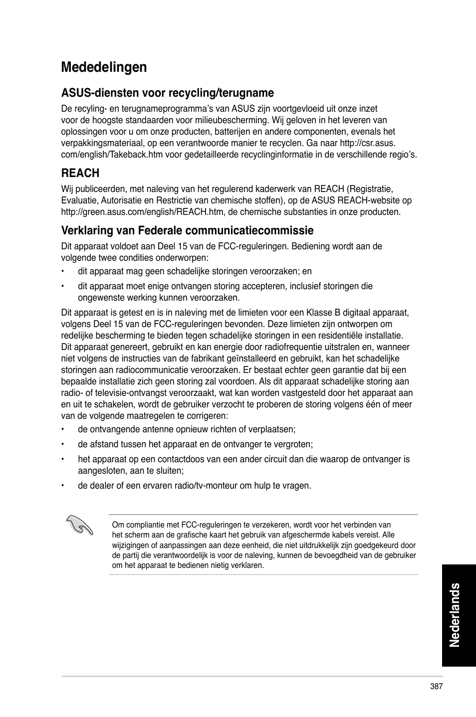 Mededelingen, Nederlands, Asus-diensten voor recycling/terugname | Reach, Verklaring van federale communicatiecommissie | Asus CG8270 User Manual | Page 389 / 536