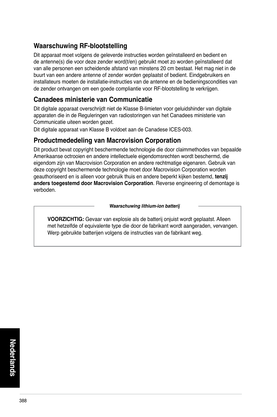 Nederlands, Waarschuwing rf-blootstelling, Canadees ministerie van communicatie | Productmededeling van macrovision corporation | Asus CG8270 User Manual | Page 390 / 536