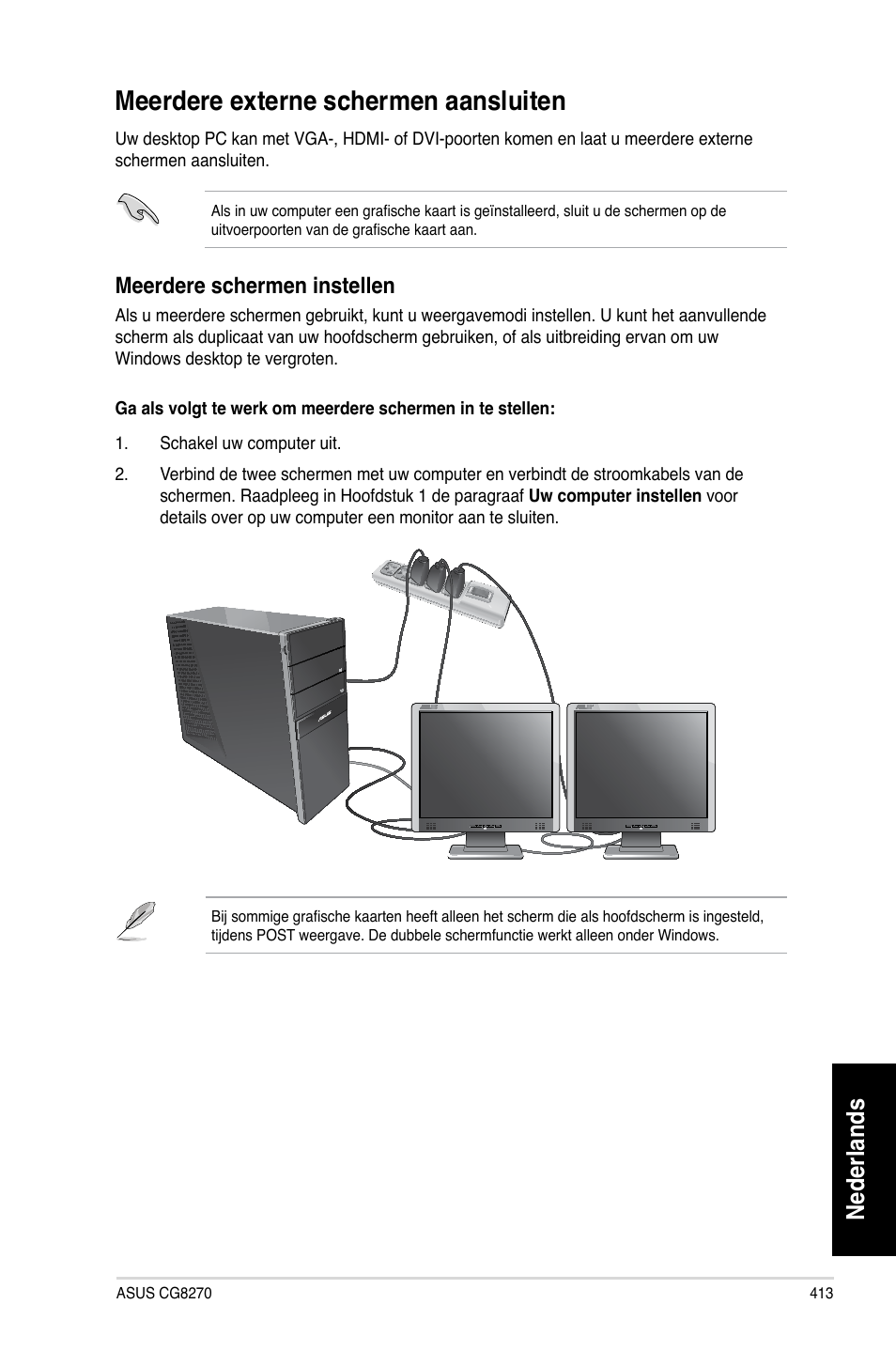 Meerdere externe schermen aansluiten, Nederlands, Meerdere schermen instellen | Asus CG8270 User Manual | Page 415 / 536