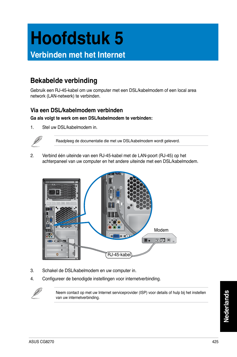 Hoofdstuk 5, Verbinden met het internet, Bekabelde verbinding | Nederlands | Asus CG8270 User Manual | Page 427 / 536