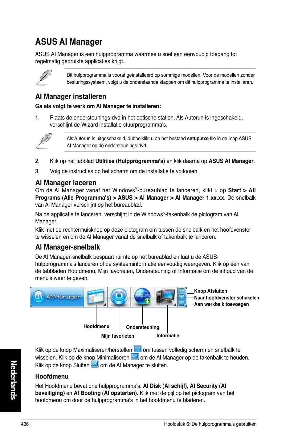 Asus ai manager, Nederlands, Ai manager installeren | Al manager laceren, Al manager-snelbalk | Asus CG8270 User Manual | Page 438 / 536