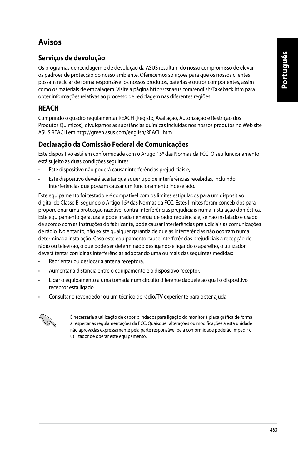 Avisos, Por tuguês por tuguês por tuguês por tuguês, Serviços de devolução | Reach, Declaração da comissão federal de comunicações | Asus CG8270 User Manual | Page 465 / 536