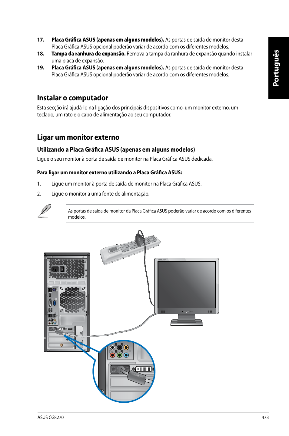 Por tuguês por tuguês, Por tuguês por tuguês instalar o computador, Ligar um monitor externo | Asus CG8270 User Manual | Page 475 / 536