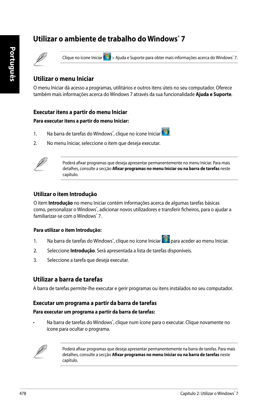 Utilizar o ambiente de trabalho do windows® 7, Utilizar o ambiente de trabalho do windows, Por tuguês por tuguês por tuguês por tuguês | Utilizar o menu iniciar, Utilizar a barra de tarefas | Asus CG8270 User Manual | Page 480 / 536