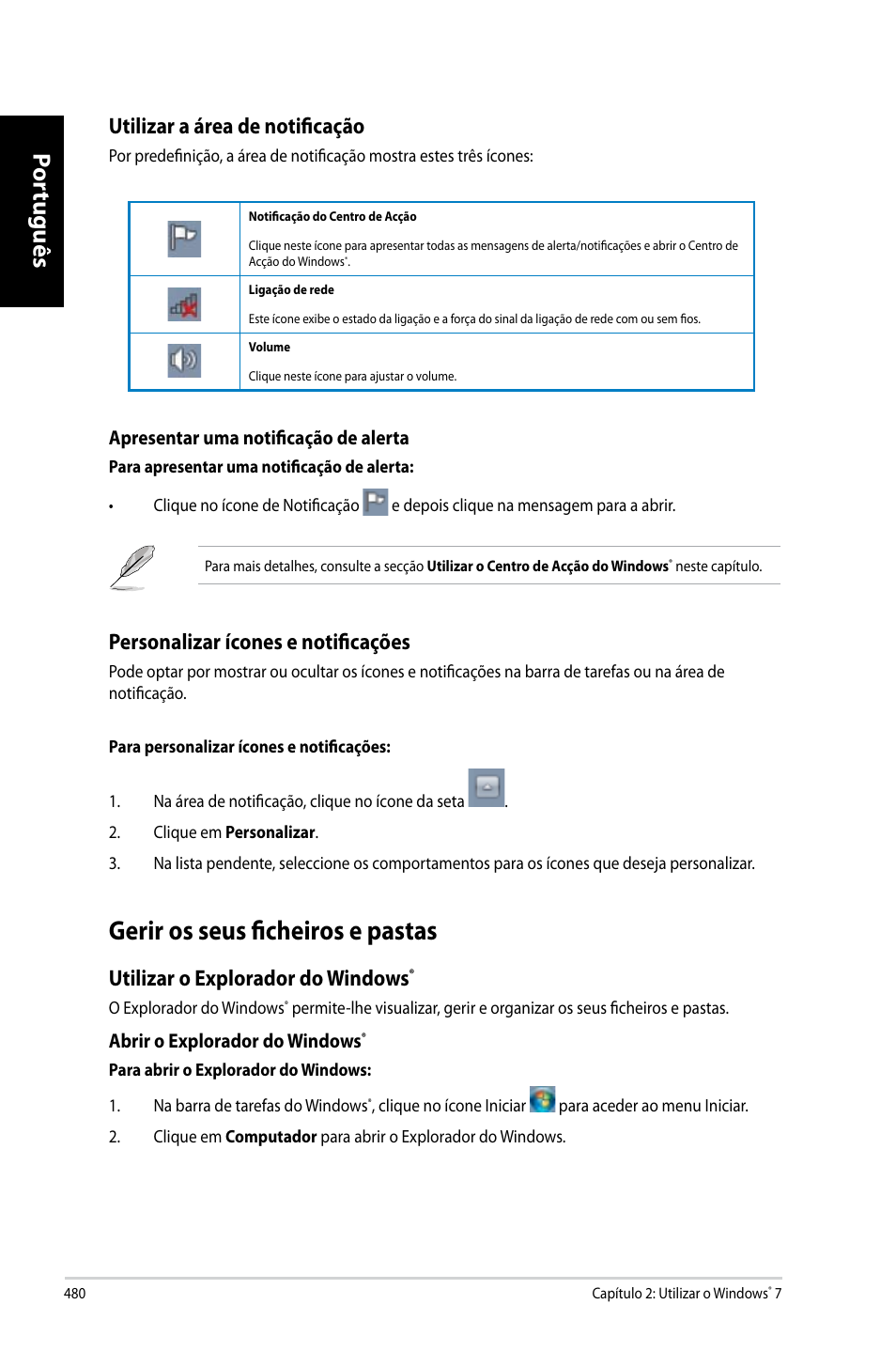 Gerir os seus ficheiros e pastas, Por tuguês por tuguês por tuguês por tuguês, Utilizar a área de notificação | Personalizar ícones e notificações, Utilizar o explorador do windows | Asus CG8270 User Manual | Page 482 / 536