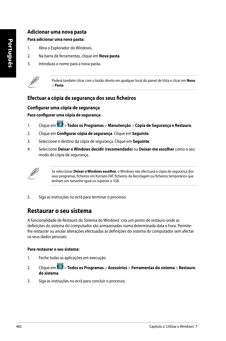 Restaurar o seu sistema, Por tuguês por tuguês por tuguês por tuguês, Adicionar uma nova pasta | Efectuar a cópia de segurança dos seus ficheiros | Asus CG8270 User Manual | Page 484 / 536