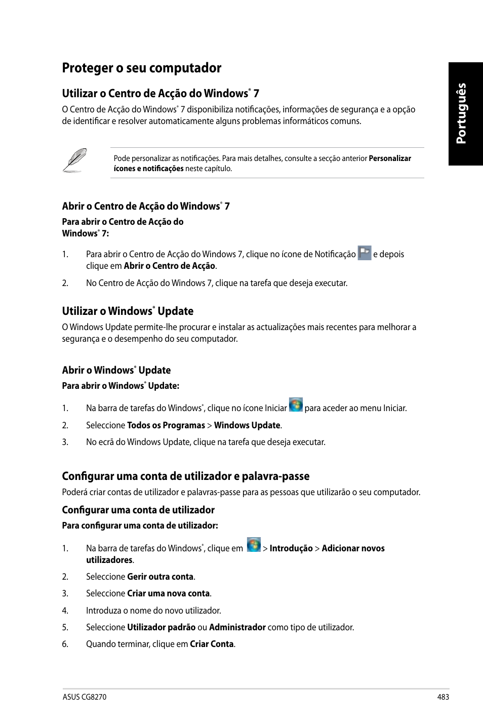 Proteger o seu computador, Por tuguês por tuguês, Utilizar o centro de acção do windows | Utilizar o windows, Update, Configurar uma conta de utilizador e palavra-passe | Asus CG8270 User Manual | Page 485 / 536