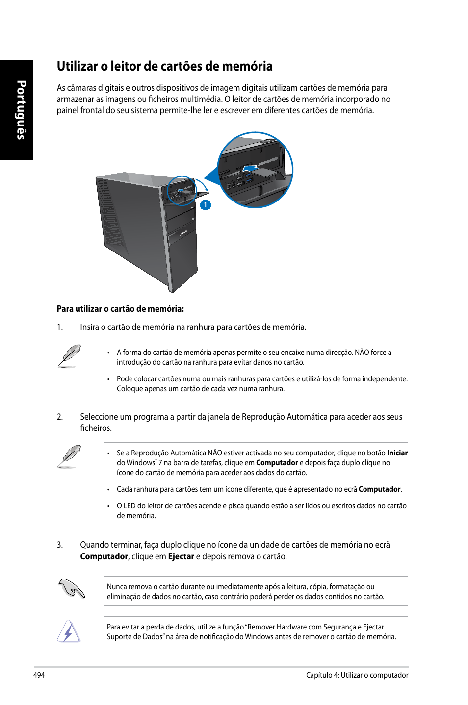 Utilizar o leitor de cartões de memória, Por tuguês por tuguês por tuguês por tuguês | Asus CG8270 User Manual | Page 496 / 536