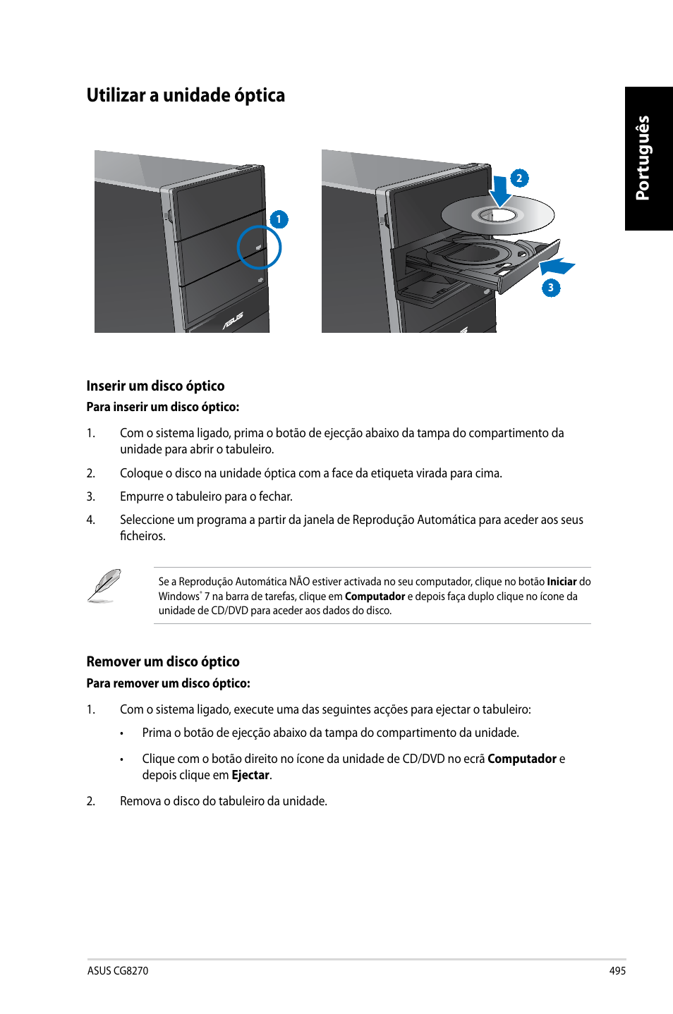 Utilizar a unidade óptica, Por tuguês por tuguês | Asus CG8270 User Manual | Page 497 / 536