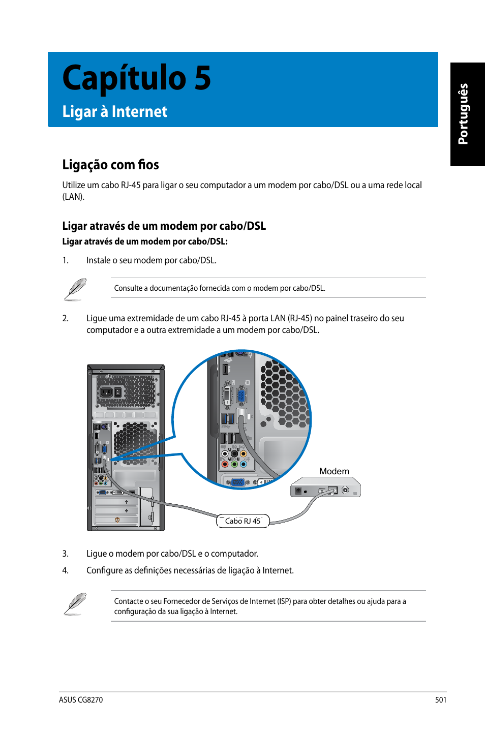 Capítulo 5, Ligar à internet, Ligação com fios | Por tuguês por tuguês | Asus CG8270 User Manual | Page 503 / 536