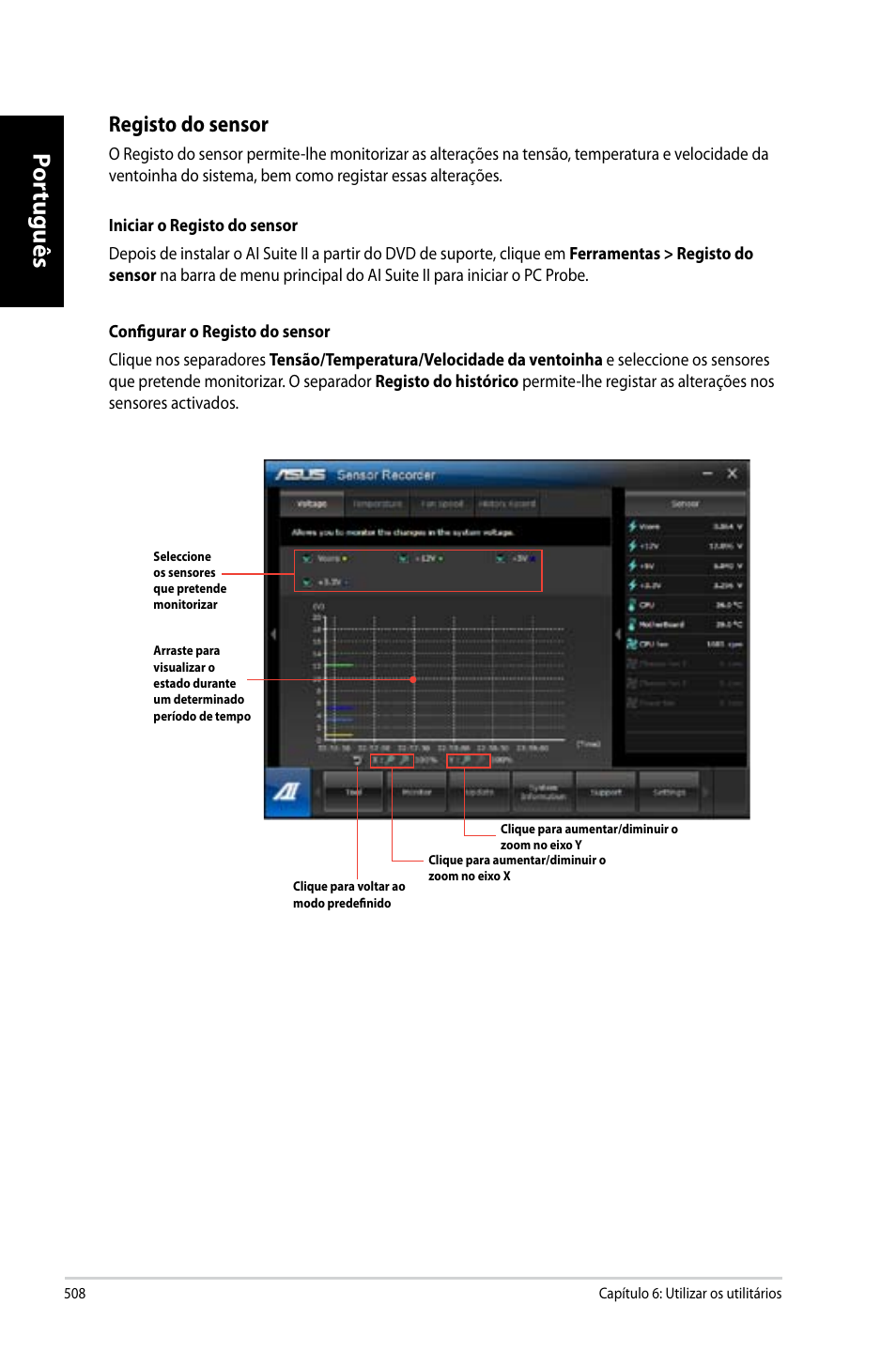 Por tuguês por tuguês por tuguês por tuguês, Registo do sensor | Asus CG8270 User Manual | Page 510 / 536