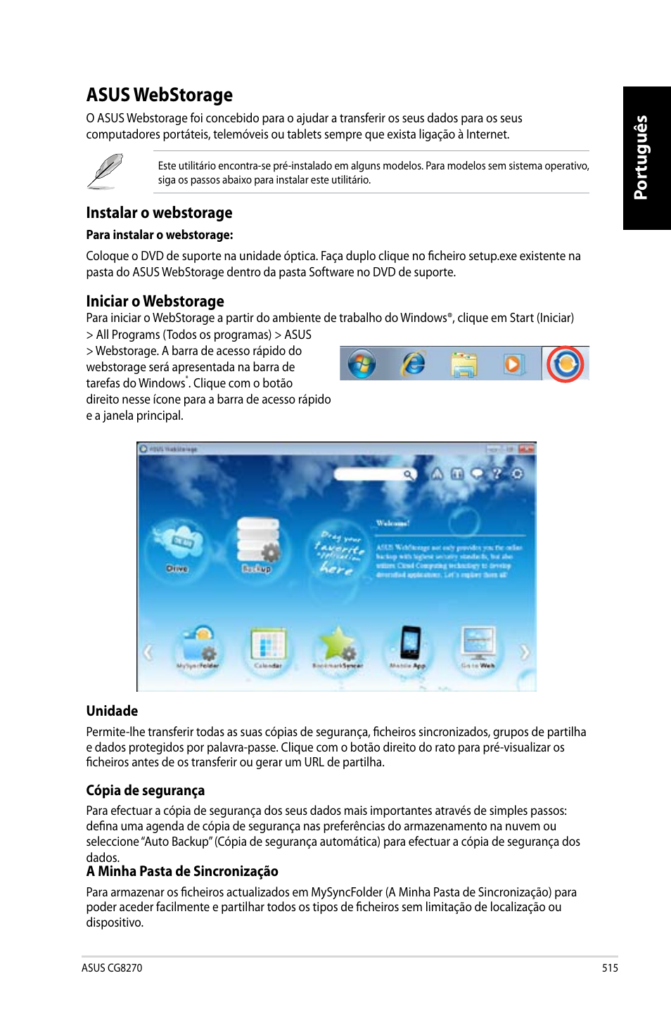 Asus webstorage, Por tuguês por tuguês, Instalar o webstorage | Iniciar o webstorage | Asus CG8270 User Manual | Page 517 / 536