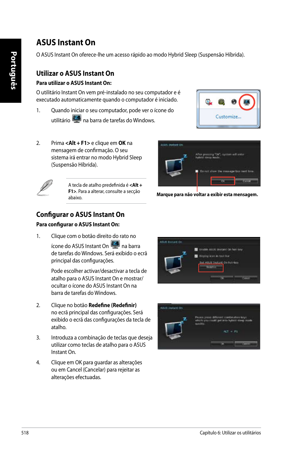 Asus instant on, Por tuguês por tuguês, Utilizar o asus instant on | Configurar o asus instant on | Asus CG8270 User Manual | Page 520 / 536
