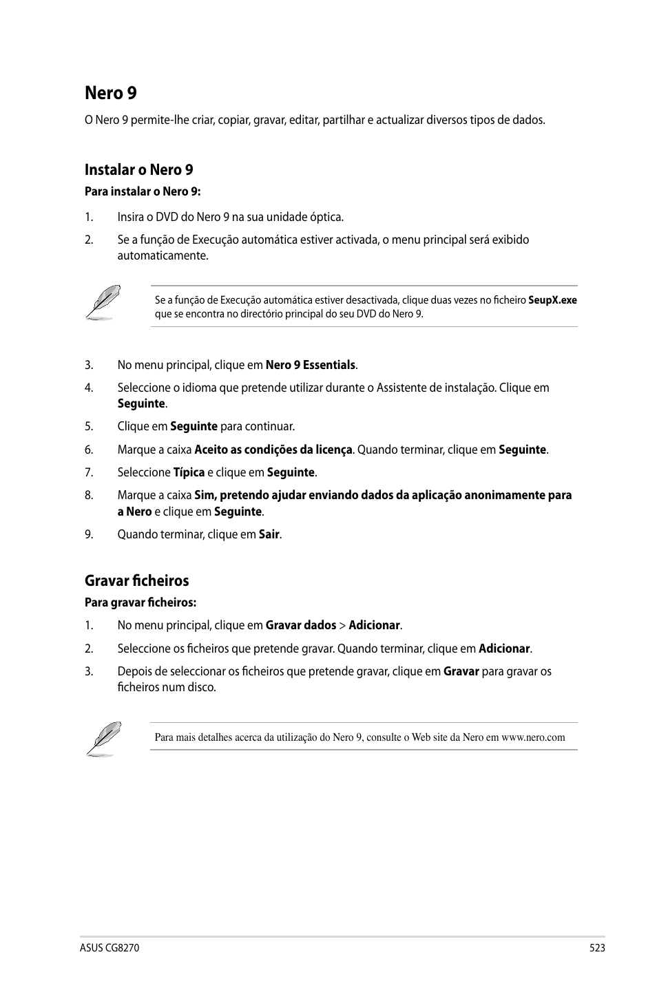 Nero 9, Instalar o nero 9, Gravar ficheiros | Asus CG8270 User Manual | Page 525 / 536