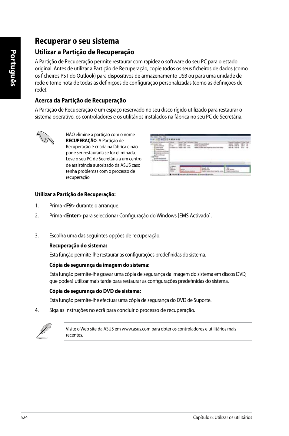 Recuperar o seu sistema, Por tuguês por tuguês, Utilizar a partição de recuperação | Asus CG8270 User Manual | Page 526 / 536