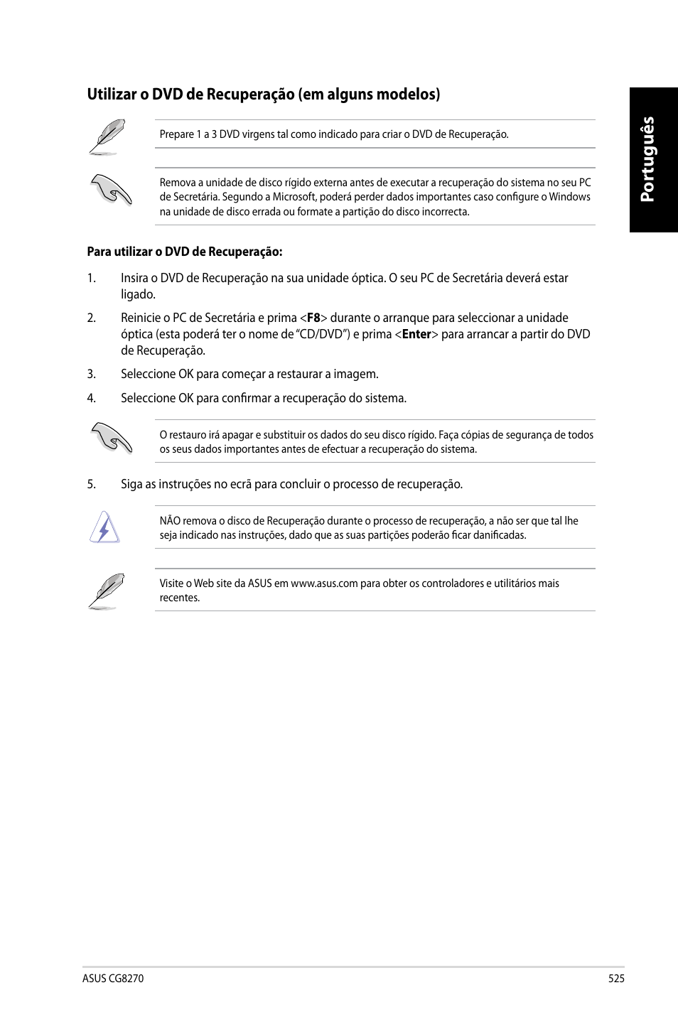 Por tuguês por tuguês, Utilizar o dvd de recuperação �em alguns modelos | Asus CG8270 User Manual | Page 527 / 536