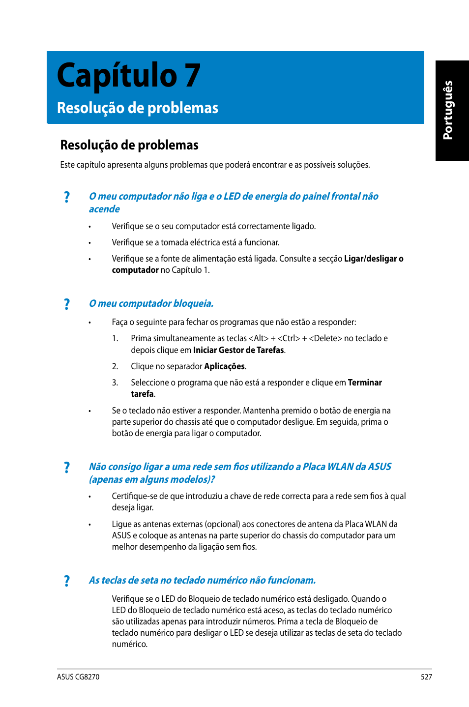 Capítulo 7, Resolução de problemas, Por tuguês por tuguês | Asus CG8270 User Manual | Page 529 / 536