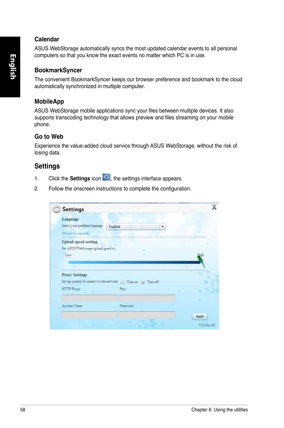 English, Settings | Asus CG8270 User Manual | Page 60 / 536