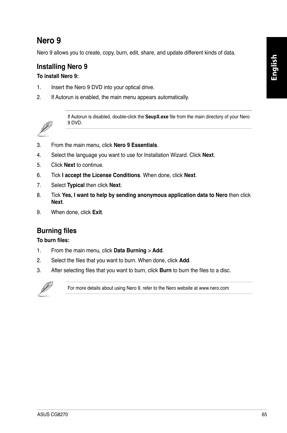 Nero 9, Nero.9, English | Installing.nero.9, Burning files | Asus CG8270 User Manual | Page 67 / 536