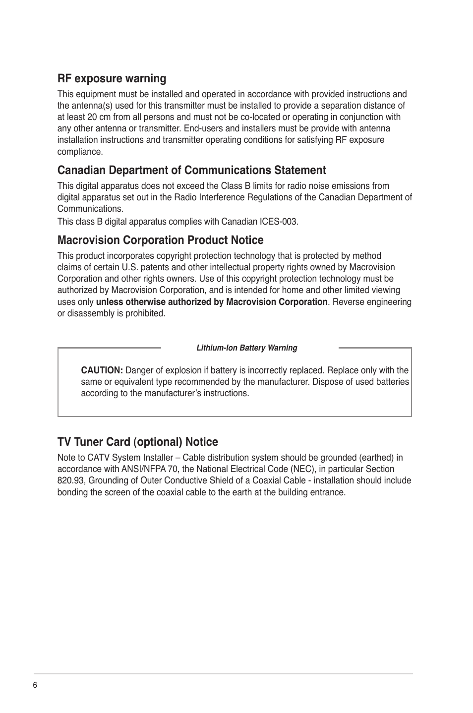 Rf exposure warning, Canadian department of communications statement, Macrovision corporation product notice | Tv tuner card (optional) notice | Asus CG8270 User Manual | Page 8 / 536