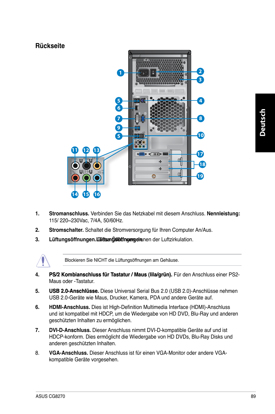 Deutsch d eutsch, Rückseite | Asus CG8270 User Manual | Page 91 / 536