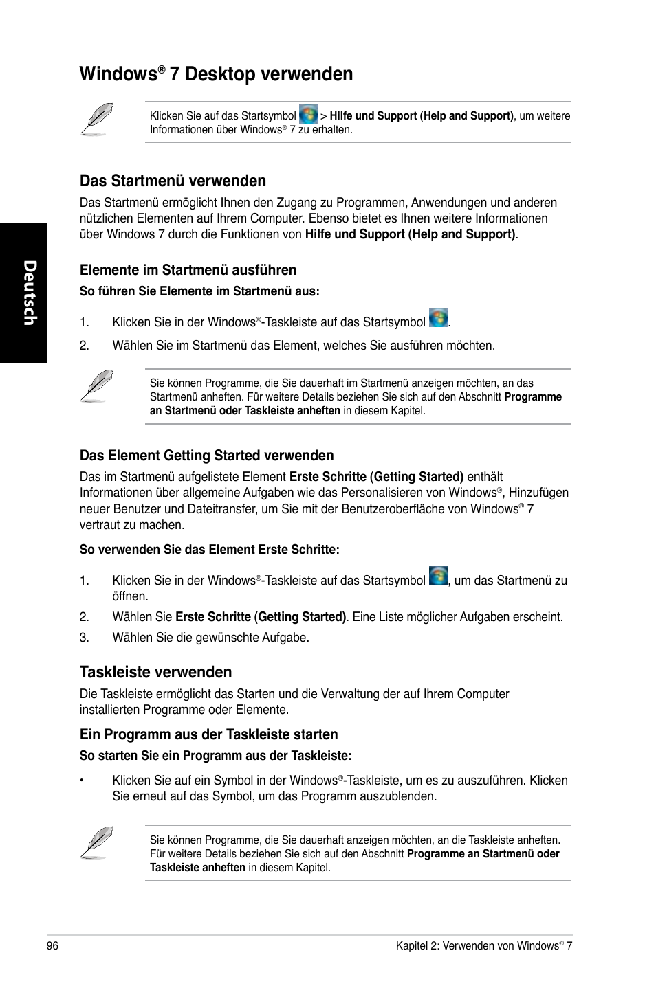 Windows® 7 desktop verwenden, Windows, Desktop.verwenden | Deutsch d eutsch d eutsch d eutsch, Das.startmenü.verwenden, Taskleiste.verwenden | Asus CG8270 User Manual | Page 98 / 536