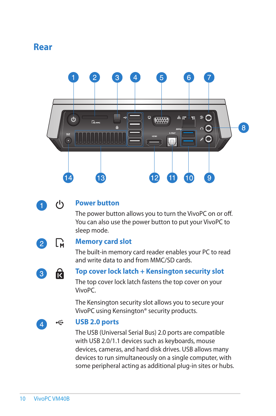 Rear | Asus VM40B User Manual | Page 10 / 52