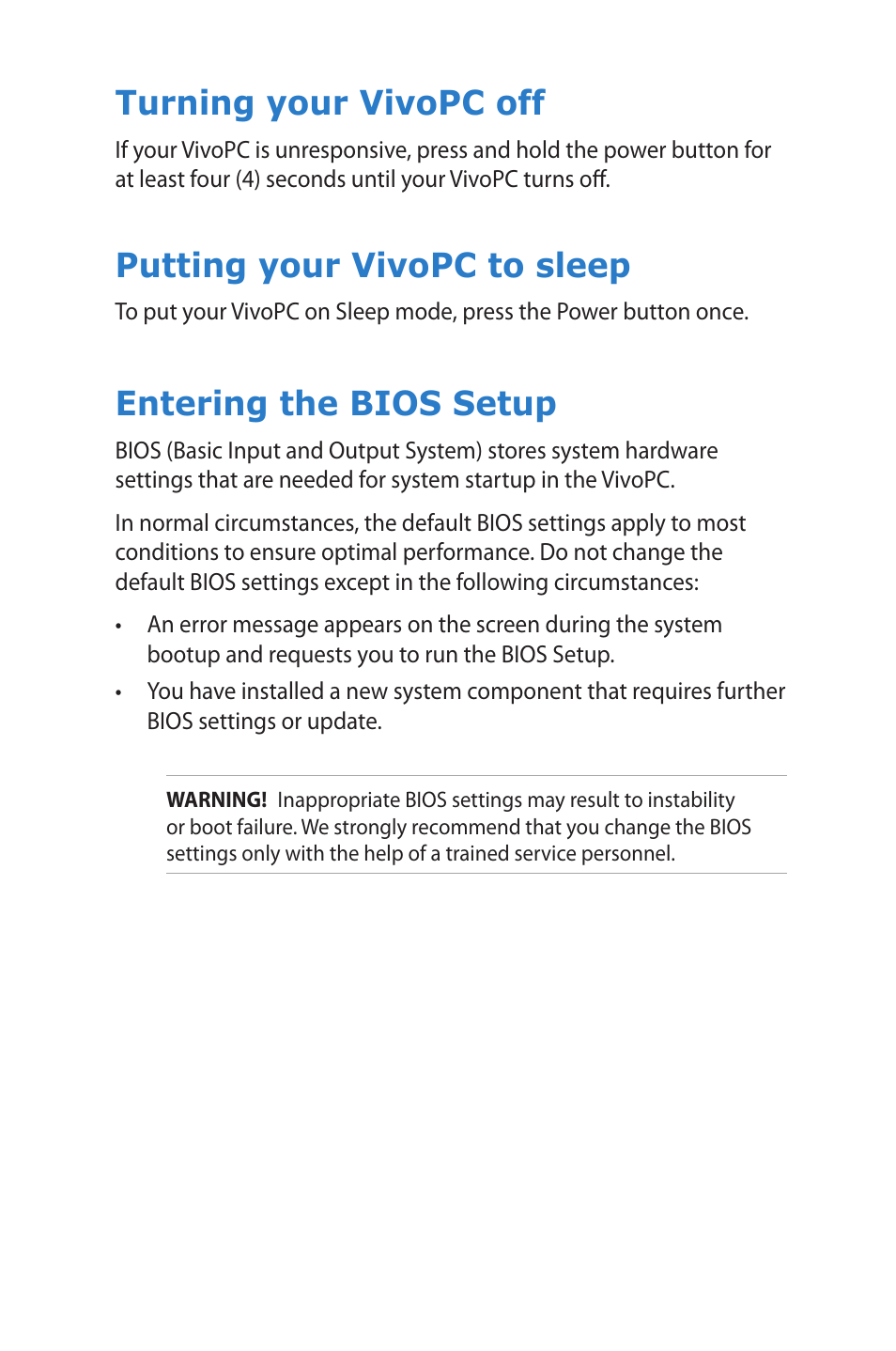 Turning your vivopc off, Putting your vivopc to sleep, Entering the bios setup | Asus VM40B User Manual | Page 19 / 52