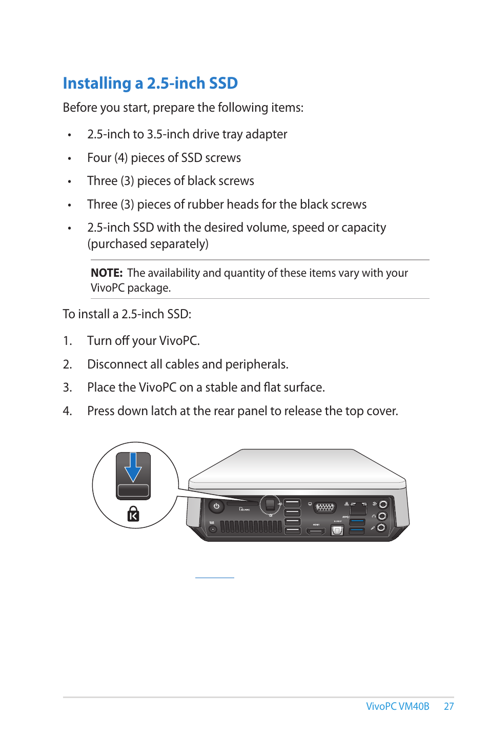 Installing a 2.5-inch ssd | Asus VM40B User Manual | Page 27 / 52