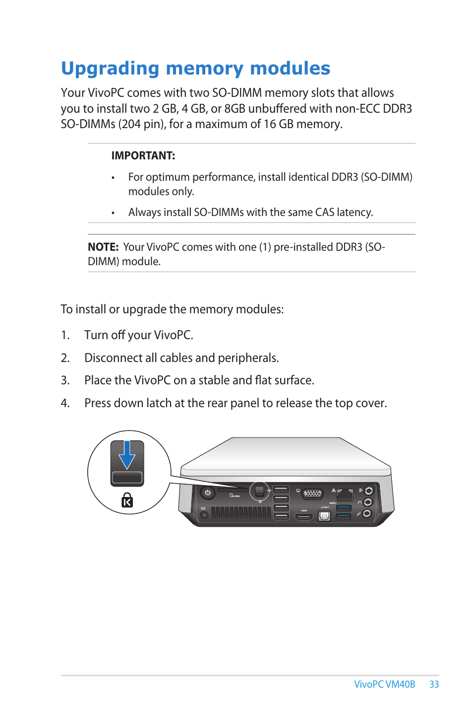 Upgrading memory modules | Asus VM40B User Manual | Page 33 / 52