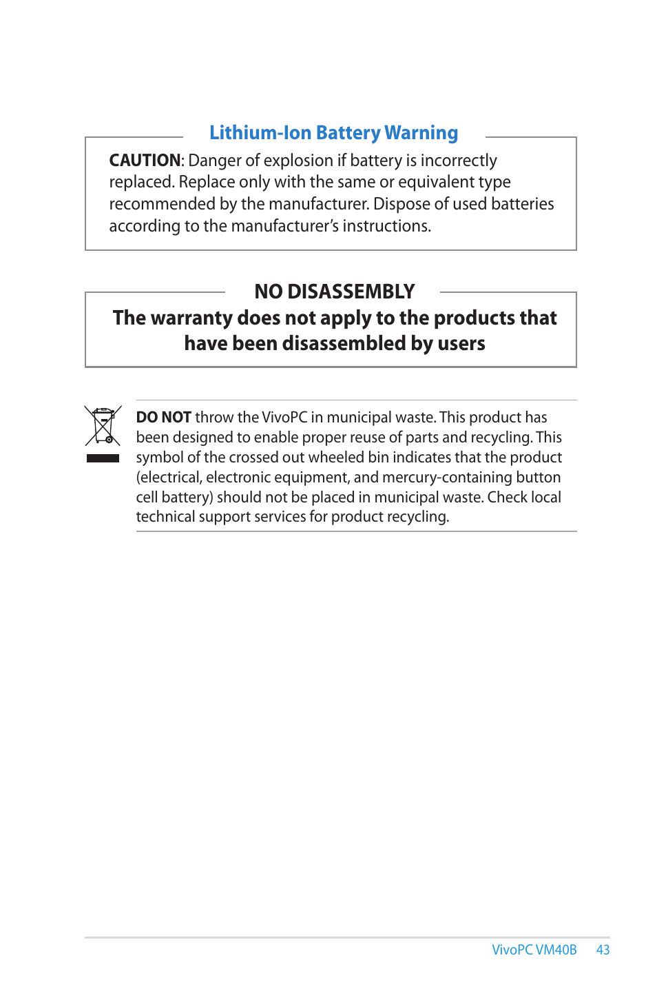 Lithium-ion battery warning | Asus VM40B User Manual | Page 43 / 52